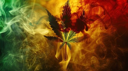 Background with single marijuana leaf and smoke clouds in Rasta colors. Trippy vibes: Rasta green haze.