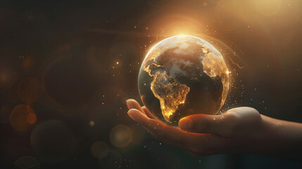 A hand is holding a globe with a light shining on it. The globe is surrounded by a blurry...