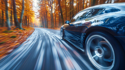 Fast Car Driving on Asphalt Road, Motion Blur of Transportation and Automotive Power in Nature