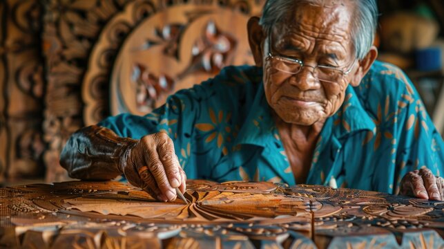 A local craftsman using traditional techniques to create contemporary art pieces, illustrating the fusion of old and new