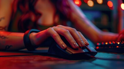 Gamer’s Focus: Close-Up on Gaming Mouse, intense focus of a female gamer is captured in a close-up on her hand over a gaming mouse, with vibrant backlit keys in the background - obrazy, fototapety, plakaty