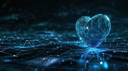 This image presents a conceptual glowing blue digital heart with intricate connections, symbolizing love or health in the digital era. Ideal for themes involving romance, technology