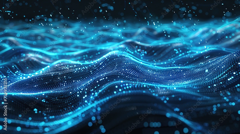 Poster a digital landscape featuring a dynamic flow of glittering blue particles and light, symbolizing dat