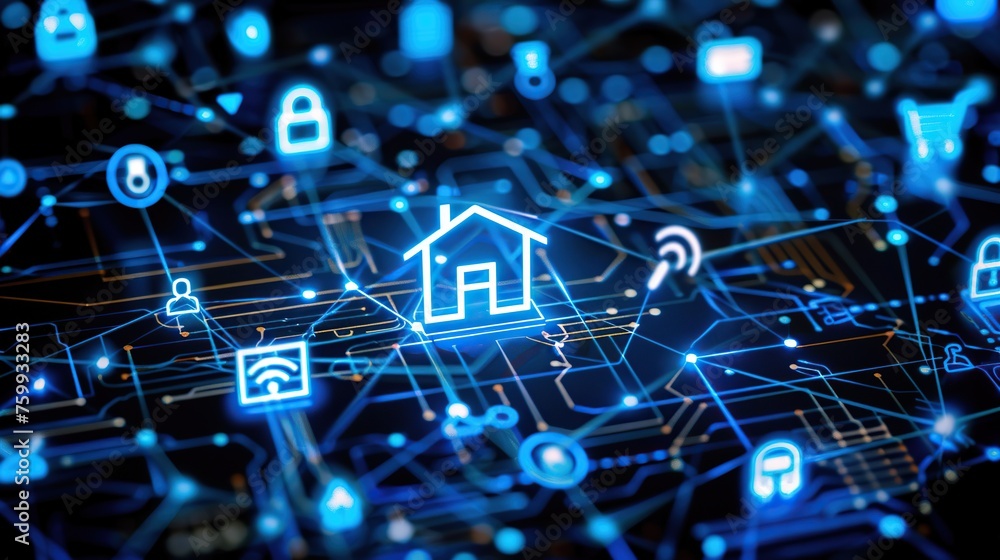 Poster a high-tech representation of a networked smart city, with interconnected home and device icons over