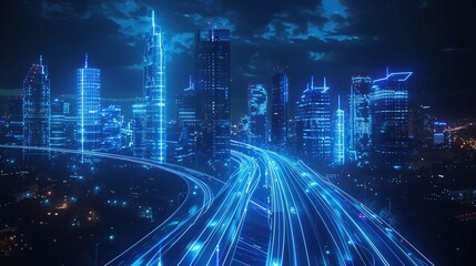 This image captures a night cityscape with a neon blue grid overlay, evoking thoughts of virtual reality and urban planning, suitable for technology and smart city concepts