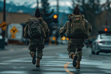 Soldiers on an Urban Jog,  Two uniformed soldiers with backpacks run across a city street, capturing a moment of military training amidst urban life - obrazy, fototapety, plakaty