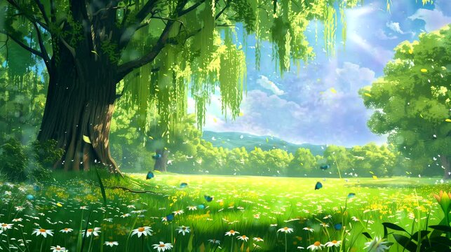 Wildflowers and ancient willow trees. Fantasy landscape anime or cartoon style, looping 4k video animation background
