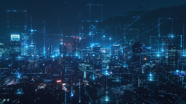 A visual concept of a dark urban skyline with interconnected glowing lines suggesting a digital metropolis, perfect for illustrating urban technology themes or modern communication