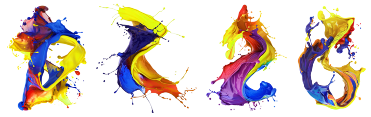 Set of bright neon mixed multi colour colourful cream liquid paint ink splash swirl wave on transparent background cutout, PNG file. Many assorted different design. Mockup template for artwork graphic