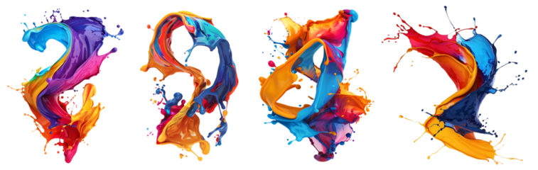 Set of bright neon mixed multi colour colourful cream liquid paint ink splash swirl wave on transparent background cutout, PNG file. Many assorted different design. Mockup template for artwork graphic