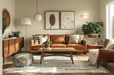 Living room with a brown leather sofa, coffee table and armchair in the style of retro-inspired designs, soft beige walls