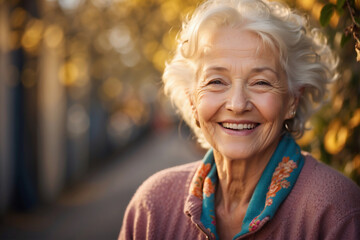 Strahlende Seniorin genießt den Herbsttag – Lebensfreude im goldenen Alter - obrazy, fototapety, plakaty