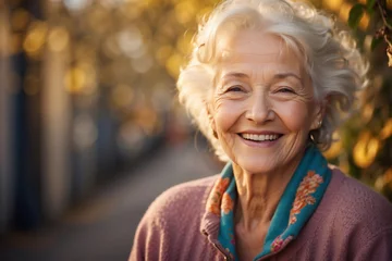 Deurstickers Strahlende Seniorin genießt den Herbsttag – Lebensfreude im goldenen Alter © KraPhoto