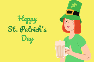 Woman in green bowler hat with drink. Happy St Patrick's Day character. Used for greeting card, and poster design.