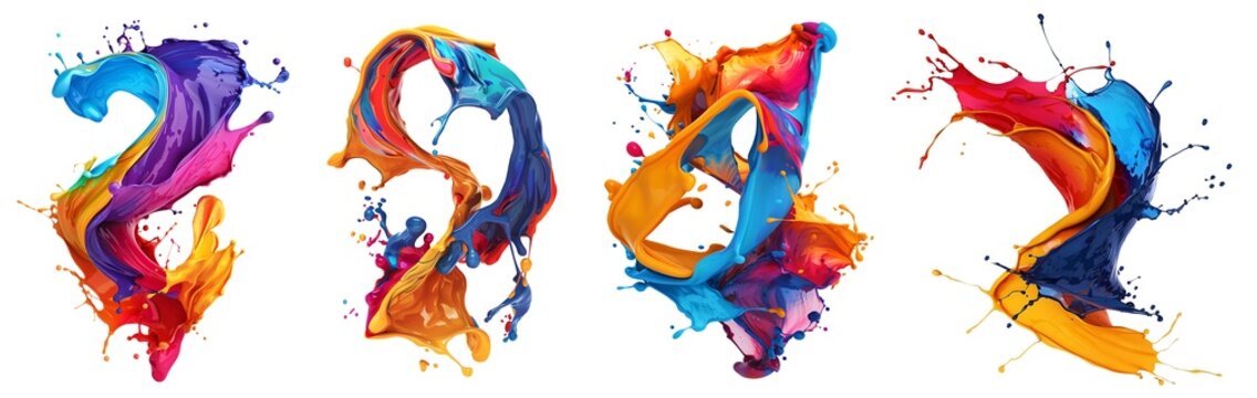 Set of bright neon mixed multi colour colourful cream liquid paint ink splash swirl wave on transparent background cutout, PNG file. Many assorted different design. Mockup template for artwork graphic