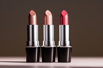Three pastel pink lipsticks in tubes against beige background in sunlight