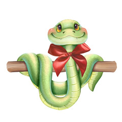 Cartoon green snake illustration with bow, cute animal illustration.