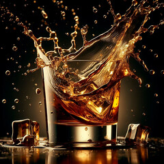 whiskey splash in glass with ice on table and dark background