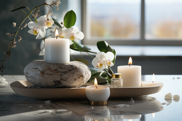 SPA still life with candles, stones, orchid . Exclusive accessories for beauty treatments and spas...
