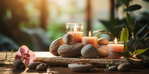 SPA still life with candles, stones, orchid . Exclusive accessories for beauty treatments and spas...