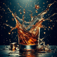 whiskey splash in glass with ice on table and dark background - obrazy, fototapety, plakaty