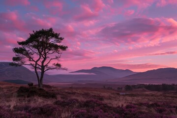 Fototapeta na wymiar Twilight embrace in the highlands The sky painted with hues of pink and purple