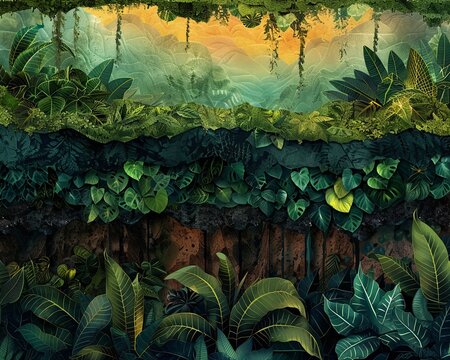 An abstract representation of zonation in a forest ecosystem, showcasing different layers of vegetation in a visually captivating way, unique hyper-realistic illustrations