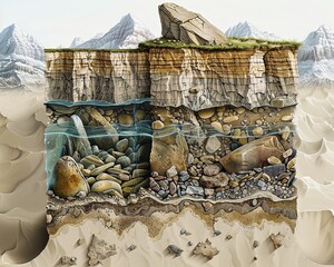Depict the various stages of diagenesis and how they transform sediment into rock, high-resolution