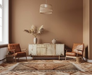 Living room with brown walls, a vintage sideboard and leather chairs