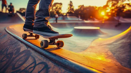 Tuinposter A skateboarder's feet in motion on a ramp, with a radiant sunset creating a vivid backdrop at the skate park. © Chris Anson