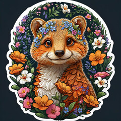 Close-Up Mongoose Portrait with Floral Sticker on Dark Background Gen AI