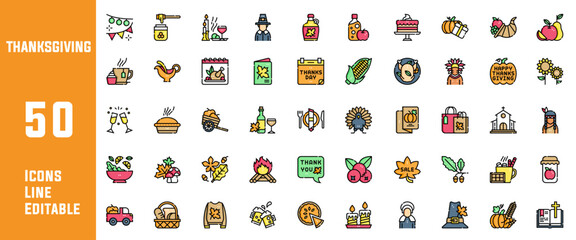 50 Thanksgiving Icons Set Pack Line Editable Vector Illustration