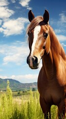 A horse's muzzle against a background of grass and blue sky.