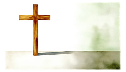 Watercolor drawing of a wooden cross on a light green background with copy space for text.
