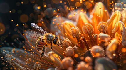 The bee's legs, adorned with golden grains of pollen, symbolize the meticulous dance of nature as it collects pollen.