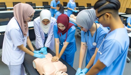 Nursing students practicing CPR techniques on a manikin as part of simulation-based learning - obrazy, fototapety, plakaty