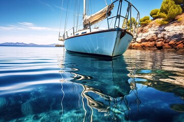 White Sailing Boat Floating on Glossy Waters of Croatian Coastline, Embracing Blues and Beauty - Coastal Charm - obrazy, fototapety, plakaty