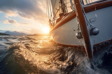 Sailing Boat at Sunset: Serene Ocean Craftsmanship Photos - obrazy, fototapety, plakaty