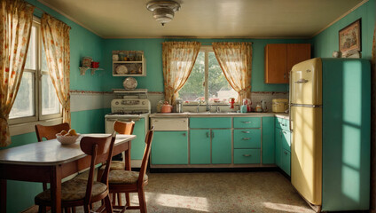 vintage American kitchen in the 60s style in pastel colors with all appliances