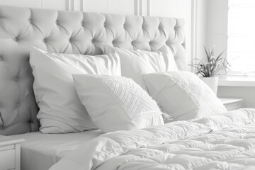 A bed with neatly arranged white sheets and pillows in a simple room with minimal decor.