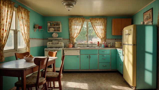 vintage American kitchen in the 60s style in pastel colors with all appliances