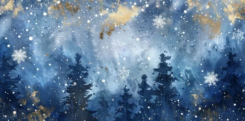 Fotobehang A painting depicting trees covered in snow under a starry night sky. © pham