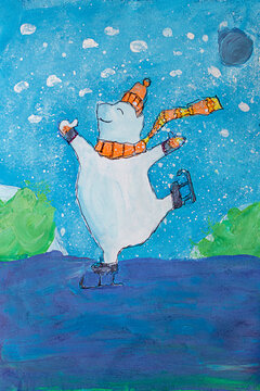 A polar bear skates on the ice of a lake in a winter forest. Children's watercolor drawing.