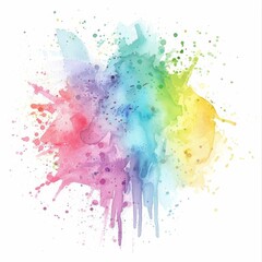 Joyful watercolor splash with a rainbow palette, symbolizing hope and happiness on a spotless white canvas.