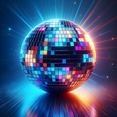 Obraz premium disco ball with disco lights. disco, ball, party, mirror, dance, club, music, sphere, light, nightclub, discoball, disco ball, reflection, bright, shiny, night,Ai generated 