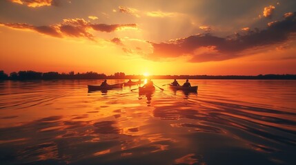 A mesmerizing sunset scene as friends paddle in canoes across a tranquil lake, leaving ripples in their wake. - obrazy, fototapety, plakaty