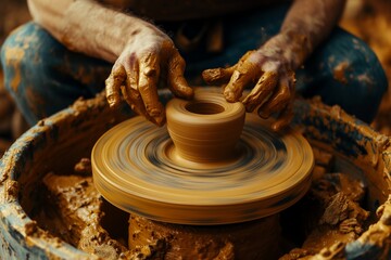 A ceramist sculpts a clay pot on a potter wheel closeup, a potter sculpts a clay pot, ceramist closeup 