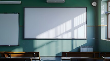 Blank white frame in classroom full of desks.