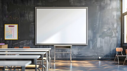 Blank white frame in classroom full of desks.