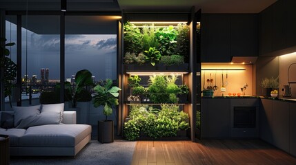 A vertical hydroponic garden inside a modern apartment, glowing with LED lights, showcasing urban farming solutions - obrazy, fototapety, plakaty